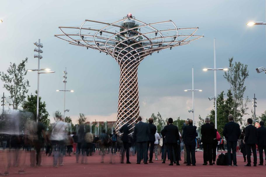 Visitatori serali osservano l’Albero della Vita, simbolo di Expo Milano 2015 (LaPresse)